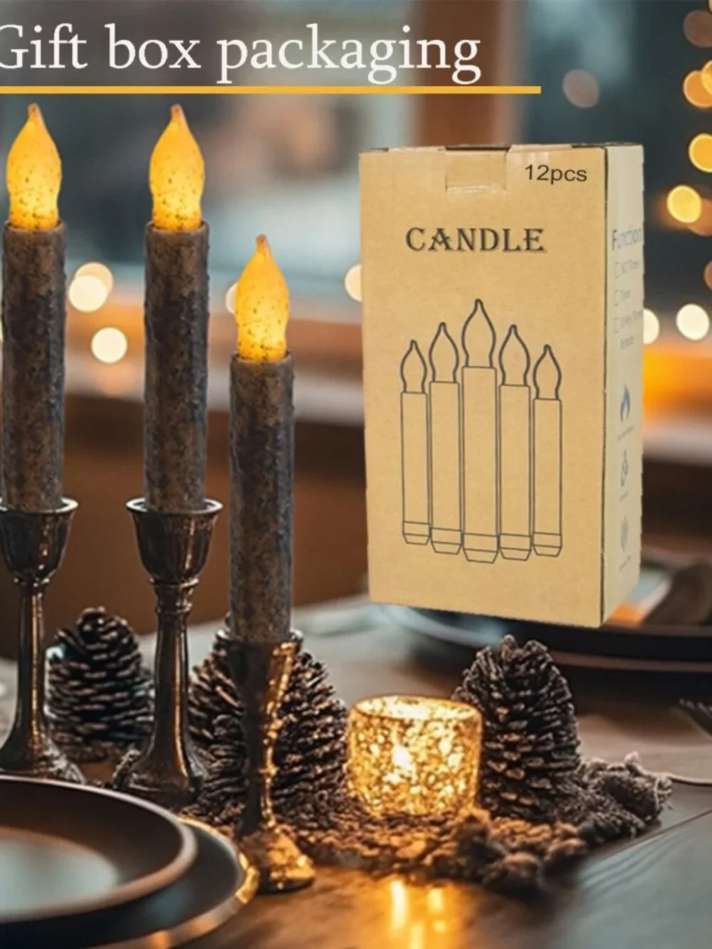 12Pcs 6.5'' Rustic Flameless Taper Candles with Timer | Hand-Dipped Real Wax for